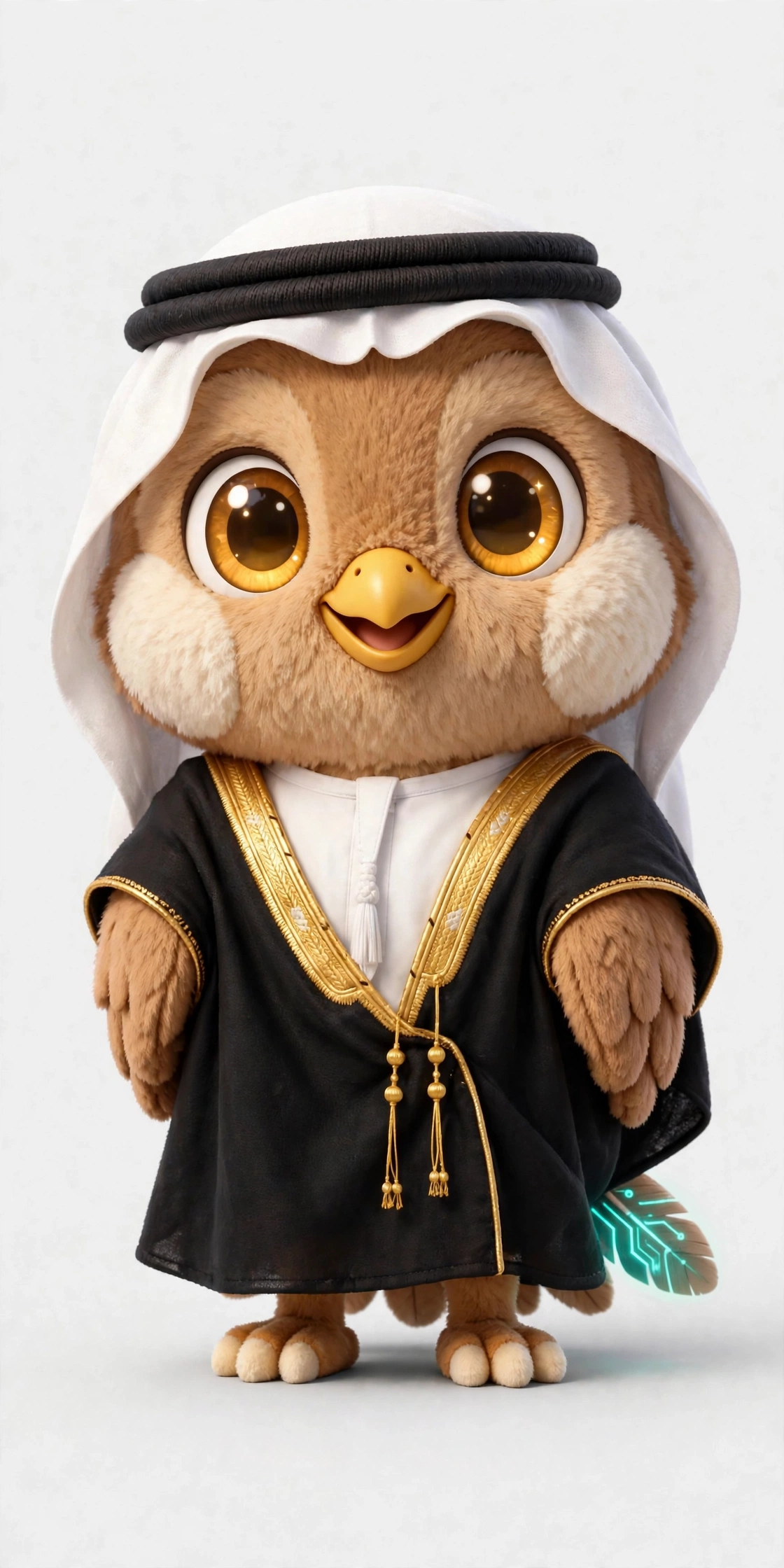 Saqr, the AI Toolkit's Dubai falcon mascot, wearing a black bisht with gold trim
